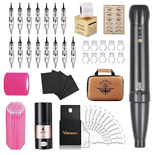 Permanent Eyebrow Makeup Tattoo Machine Kit with 15pcs Mixed Cartridges Needles for Shading Eyeliner Lip Microshading (Black)