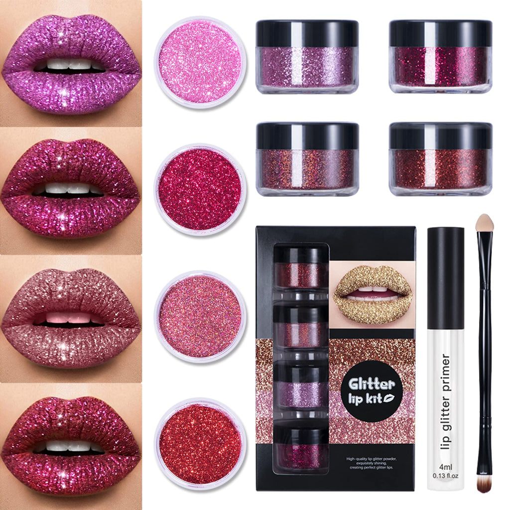 LOKFAR 4 Colors Glitter Lip Kit Shiny Diamond and Metallic Lip Glitter Makeup Lipstick Lip Gloss Glitter Lipstick Waterproof & Long Lasting Lip makeup Powder Set for Lips Nails Art(Set A Warm Color)