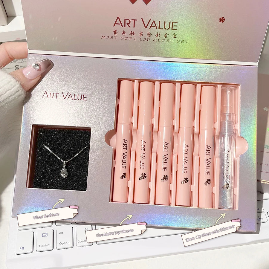 NoviaGlow 6-Piece Lip Gloss & Lip Oil Set with Necklace