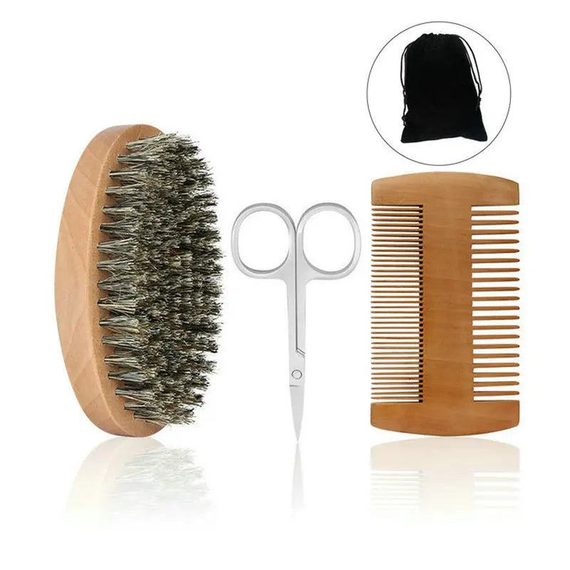 NoviaGlow Beard Grooming Kit – Boar Bristle Brush, Comb & Scissors with Gift Bag