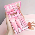 NoviaGlow 5-Piece Portable Makeup Brush Set with Mirror – Foldable Mini Travel Makeup Brush Kit for Daily & On-the-Go Use