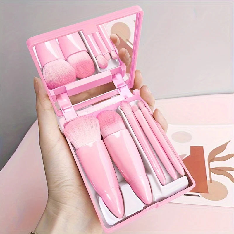 NoviaGlow 5-Piece Portable Makeup Brush Set with Mirror – Foldable Mini Travel Makeup Brush Kit for Daily & On-the-Go Use