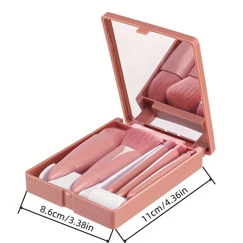 NoviaGlow 5-Piece Portable Makeup Brush Set with Mirror – Foldable Mini Travel Makeup Brush Kit for Daily & On-the-Go Use