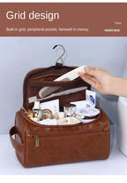 NoviaGlow Hanging Travel Makeup Bag – Large Capacity PU Leather Double-Layer Wash Bag & Men’s Toiletry Organizer