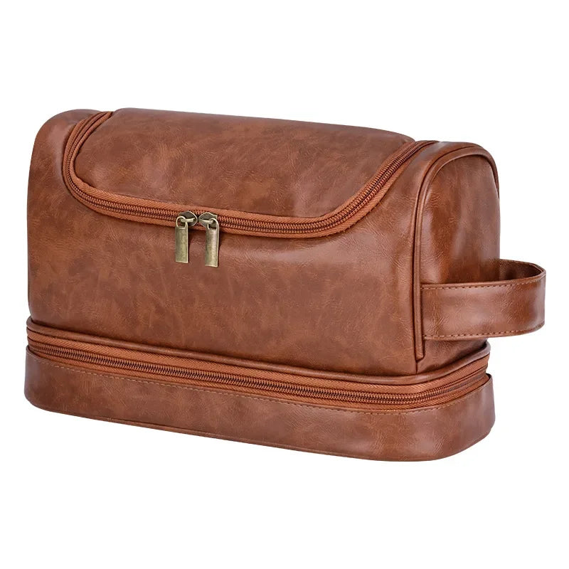 NoviaGlow Hanging Travel Makeup Bag – Large Capacity PU Leather Double-Layer Wash Bag & Men’s Toiletry Organizer