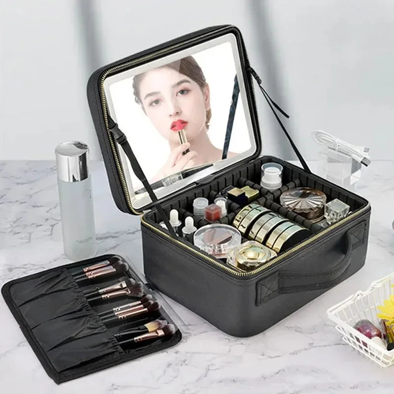 NoviaGlow Smart LED Makeup Case with Mirror – Portable Travel Cosmetic Bag & Skincare Organizer for Women