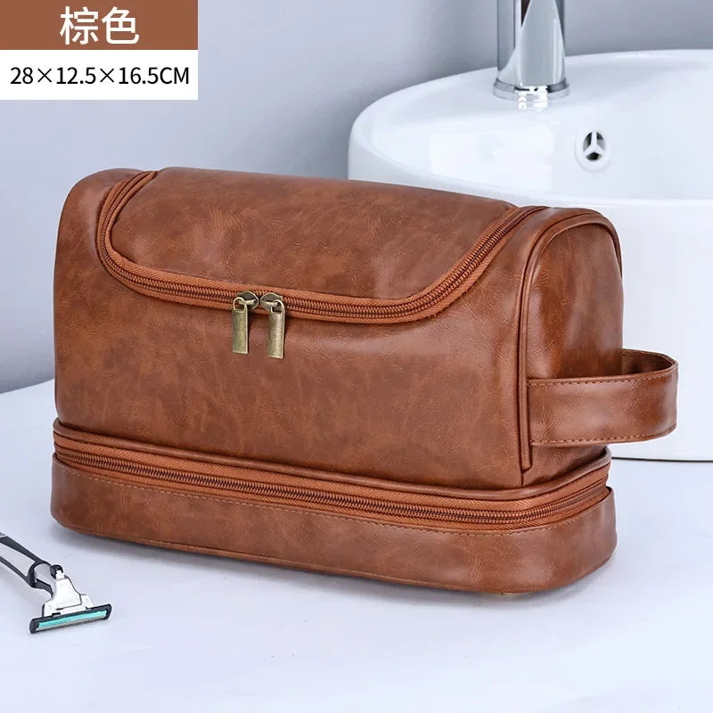 NoviaGlow Hanging Travel Makeup Bag – Large Capacity PU Leather Double-Layer Wash Bag & Men’s Toiletry Organizer