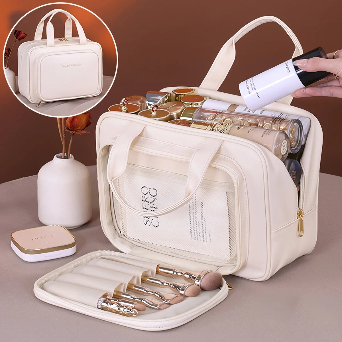 NoviaGlow Double-Layer Makeup Bag – Waterproof Travel Organizer