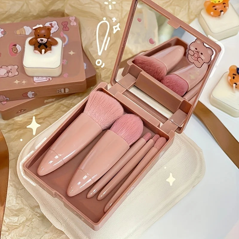 NoviaGlow 5-Piece Portable Makeup Brush Set with Mirror – Foldable Mini Travel Makeup Brush Kit for Daily & On-the-Go Use