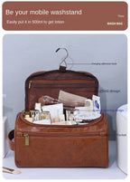 NoviaGlow Hanging Travel Makeup Bag – Large Capacity PU Leather Double-Layer Wash Bag & Men’s Toiletry Organizer