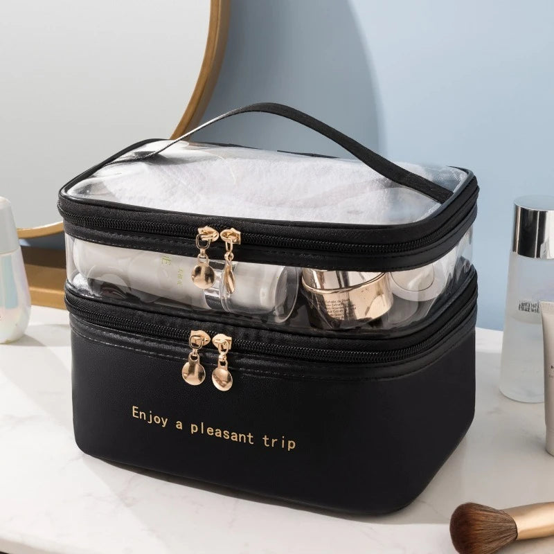 NoviaGlow Double-Layer Transparent Makeup Bag – Waterproof Travel Organizer