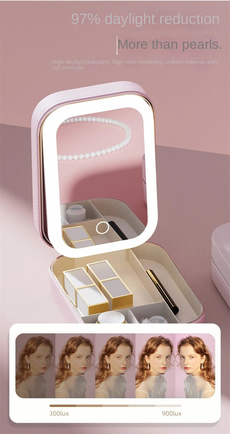 NoviaGlow Smart LED Makeup Case with Mirror – Portable Travel Cosmetic Bag & Skincare Organizer for Women