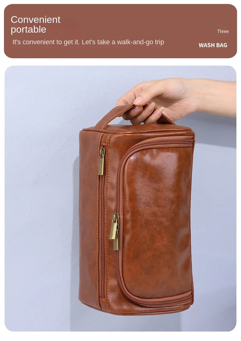 NoviaGlow Hanging Travel Makeup Bag – Large Capacity PU Leather Double-Layer Wash Bag & Men’s Toiletry Organizer