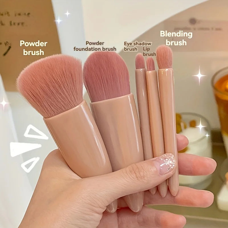 NoviaGlow 5-Piece Portable Makeup Brush Set with Mirror – Foldable Mini Travel Makeup Brush Kit for Daily & On-the-Go Use