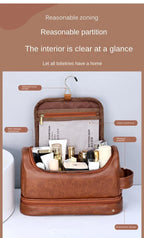 NoviaGlow Hanging Travel Makeup Bag – Large Capacity PU Leather Double-Layer Wash Bag & Men’s Toiletry Organizer