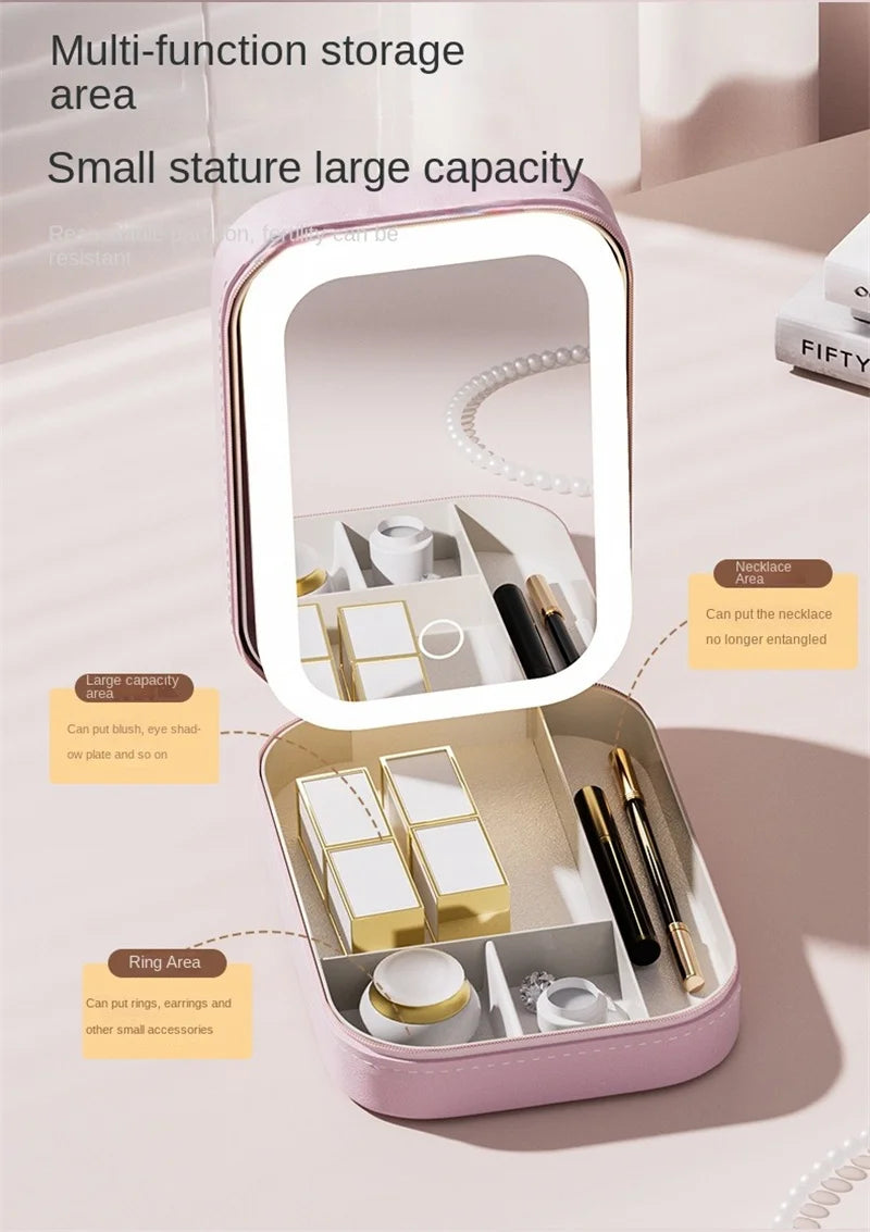 NoviaGlow Smart LED Makeup Case with Mirror – Portable Travel Cosmetic Bag & Skincare Organizer for Women