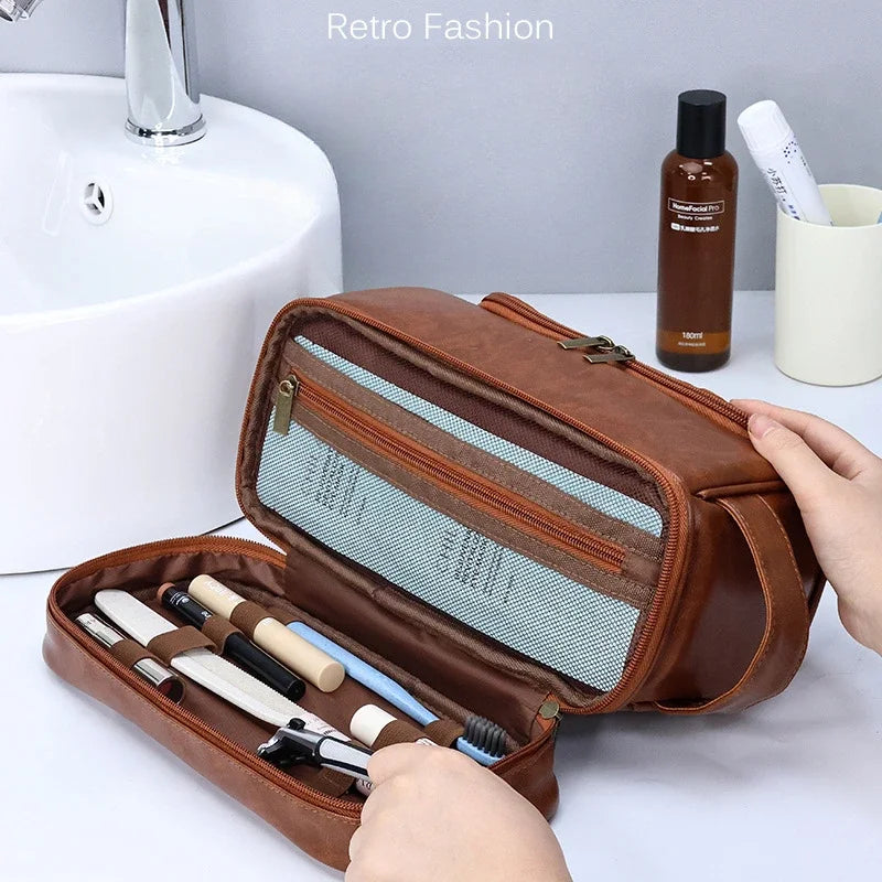 NoviaGlow Hanging Travel Makeup Bag – Large Capacity PU Leather Double-Layer Wash Bag & Men’s Toiletry Organizer