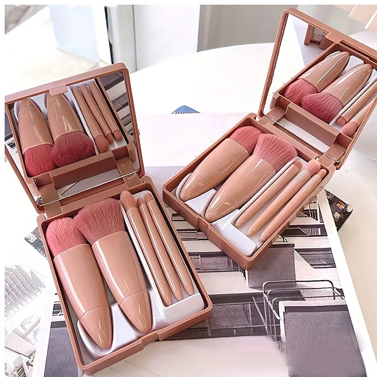 NoviaGlow 5-Piece Portable Makeup Brush Set with Mirror – Foldable Mini Travel Makeup Brush Kit for Daily & On-the-Go Use