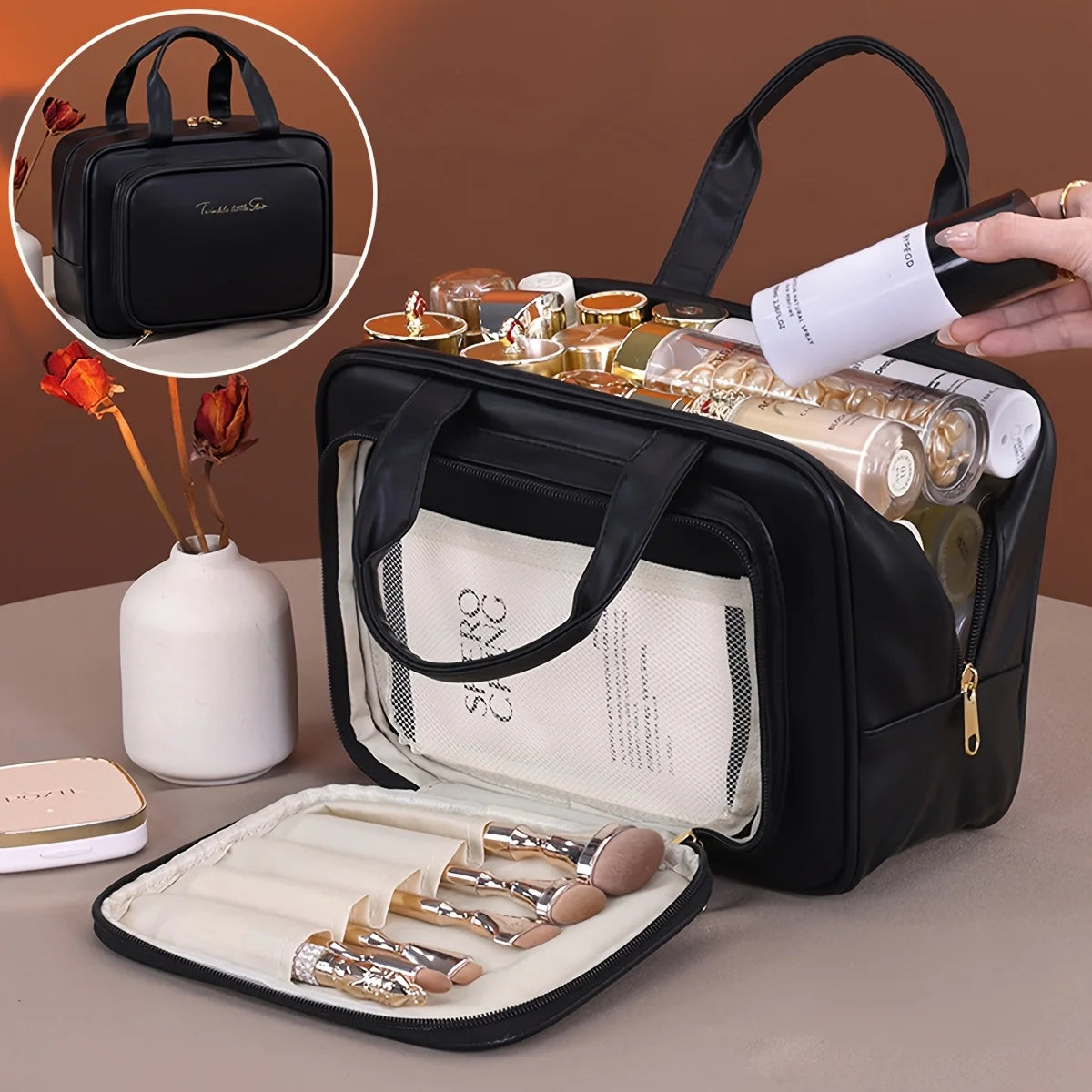 NoviaGlow Double-Layer Makeup Bag – Waterproof Travel Organizer
