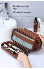 NoviaGlow Hanging Travel Makeup Bag – Large Capacity PU Leather Double-Layer Wash Bag & Men’s Toiletry Organizer