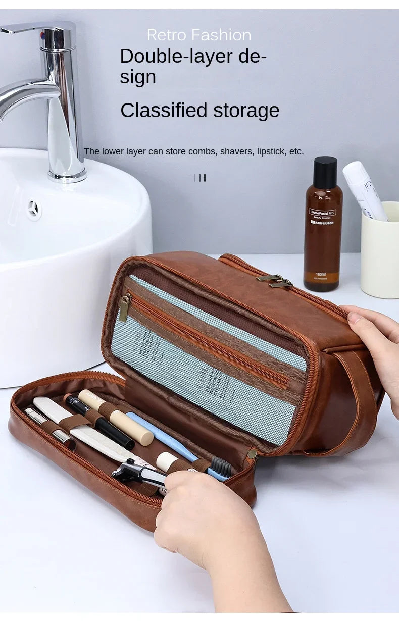 NoviaGlow Hanging Travel Makeup Bag – Large Capacity PU Leather Double-Layer Wash Bag & Men’s Toiletry Organizer