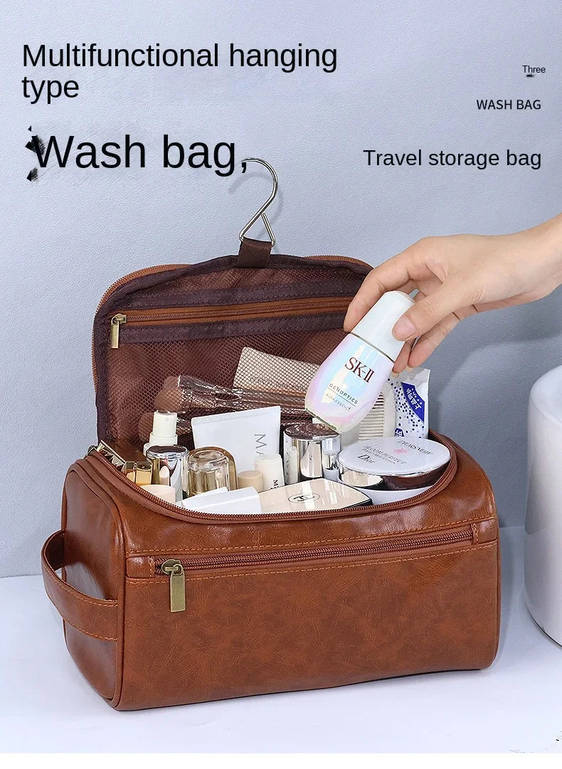 NoviaGlow Hanging Travel Makeup Bag – Large Capacity PU Leather Double-Layer Wash Bag & Men’s Toiletry Organizer