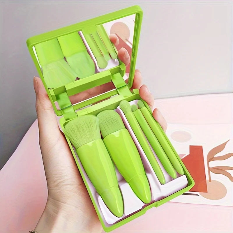 NoviaGlow 5-Piece Portable Makeup Brush Set with Mirror – Foldable Mini Travel Makeup Brush Kit for Daily & On-the-Go Use