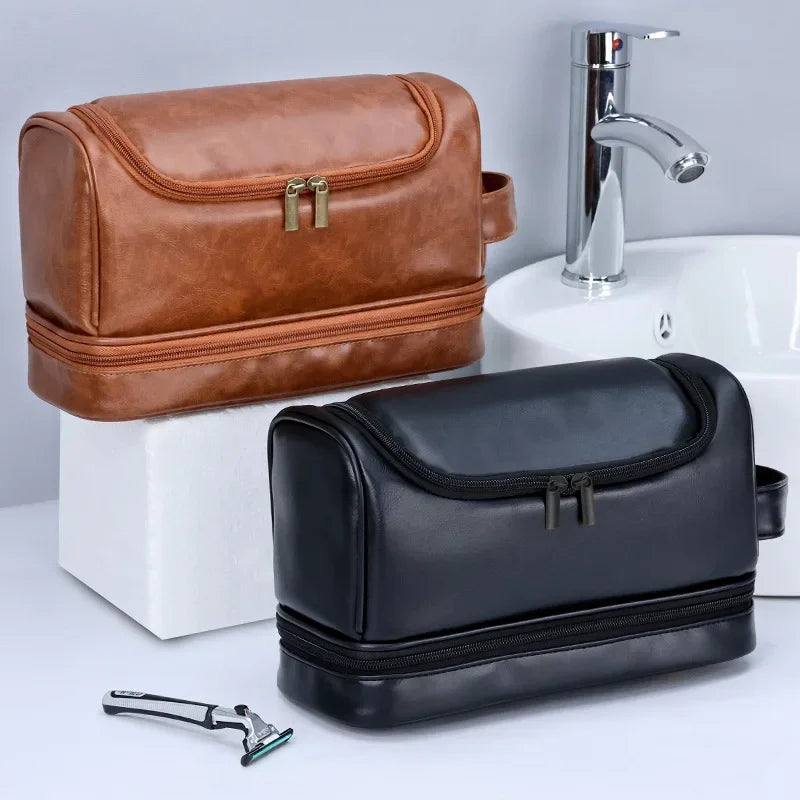 NoviaGlow Hanging Travel Makeup Bag – Large Capacity PU Leather Double-Layer Wash Bag & Men’s Toiletry Organizer