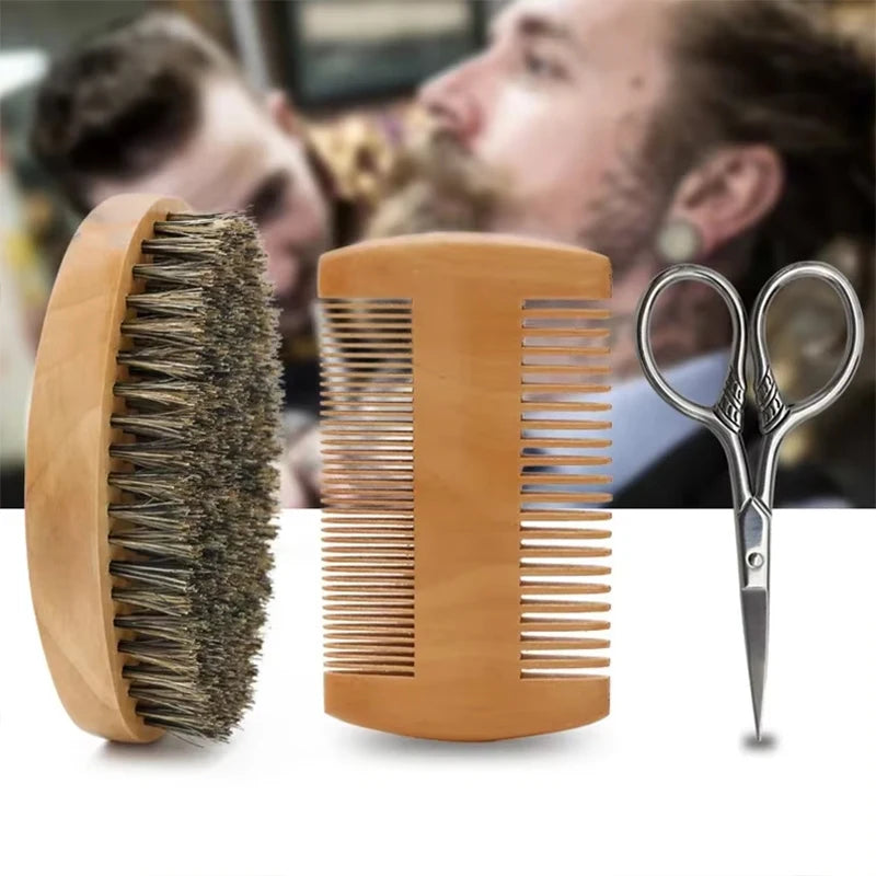 NoviaGlow Men’s Beard Grooming Set – Boar Bristle Brush, Comb & Scissors