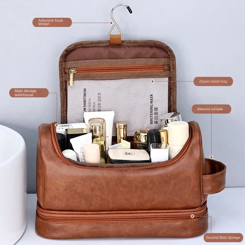 NoviaGlow Hanging Travel Makeup Bag – Large Capacity PU Leather Double-Layer Wash Bag & Men’s Toiletry Organizer