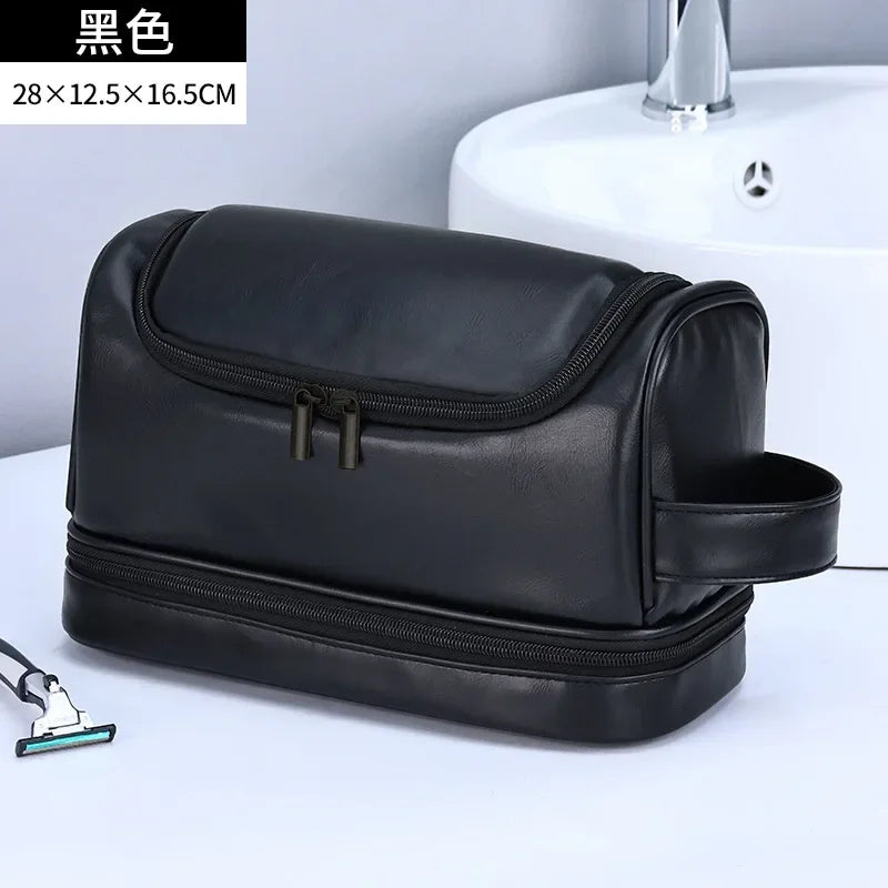 NoviaGlow Hanging Travel Makeup Bag – Large Capacity PU Leather Double-Layer Wash Bag & Men’s Toiletry Organizer