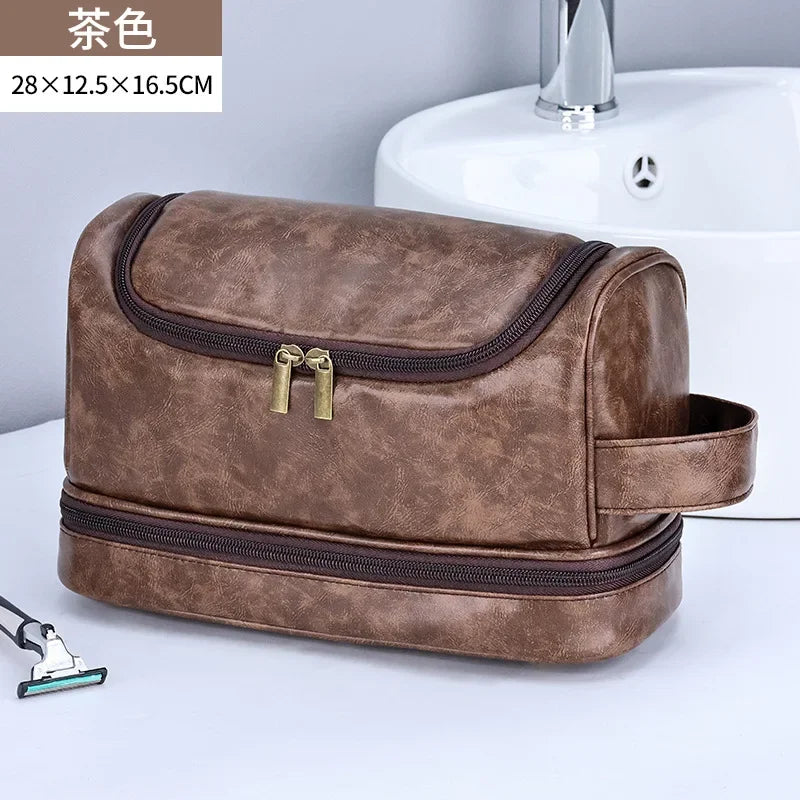 NoviaGlow Hanging Travel Makeup Bag – Large Capacity PU Leather Double-Layer Wash Bag & Men’s Toiletry Organizer
