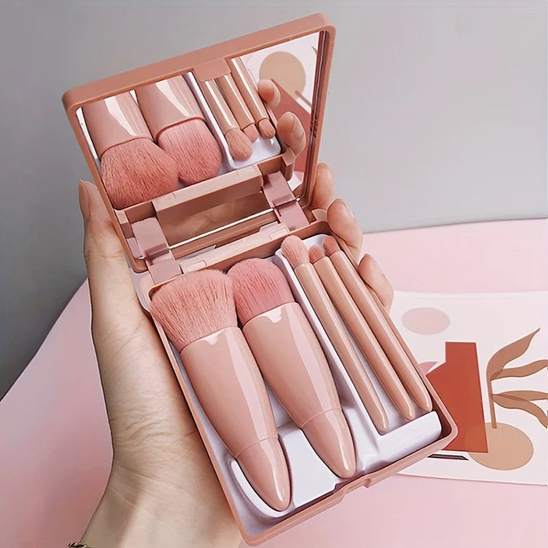 NoviaGlow 5-Piece Portable Makeup Brush Set with Mirror – Foldable Mini Travel Makeup Brush Kit for Daily & On-the-Go Use