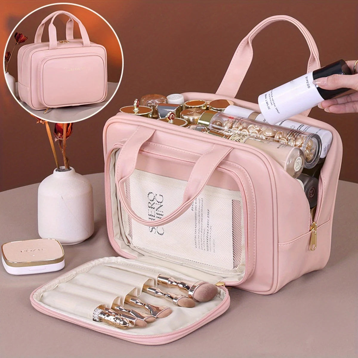 NoviaGlow Double-Layer Makeup Bag – Waterproof Travel Organizer