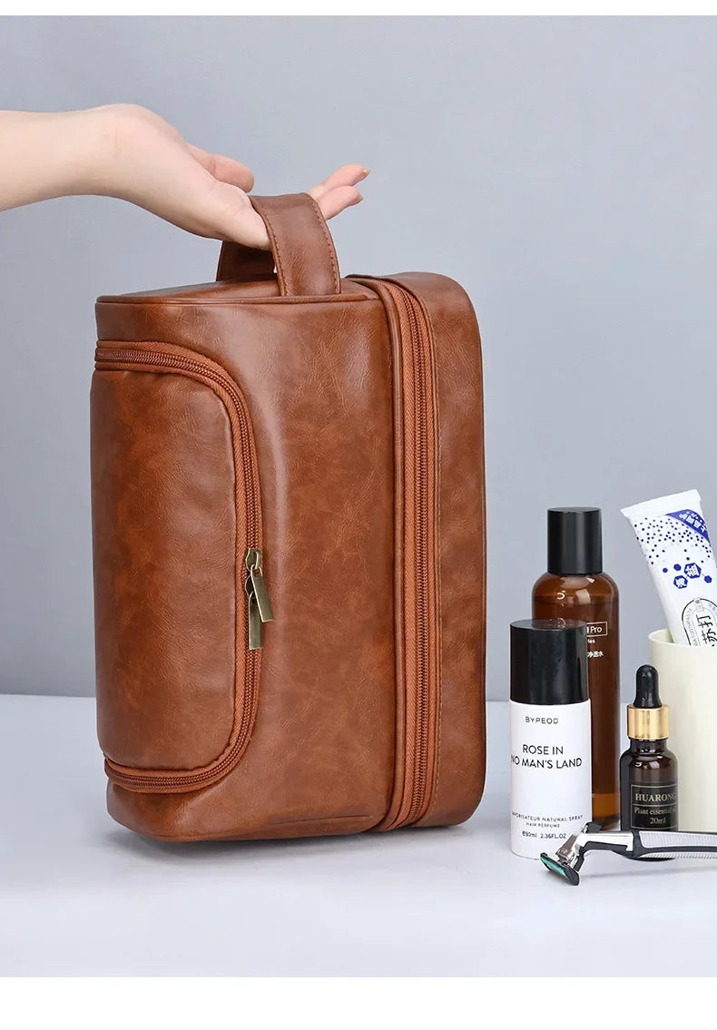 NoviaGlow Hanging Travel Makeup Bag – Large Capacity PU Leather Double-Layer Wash Bag & Men’s Toiletry Organizer