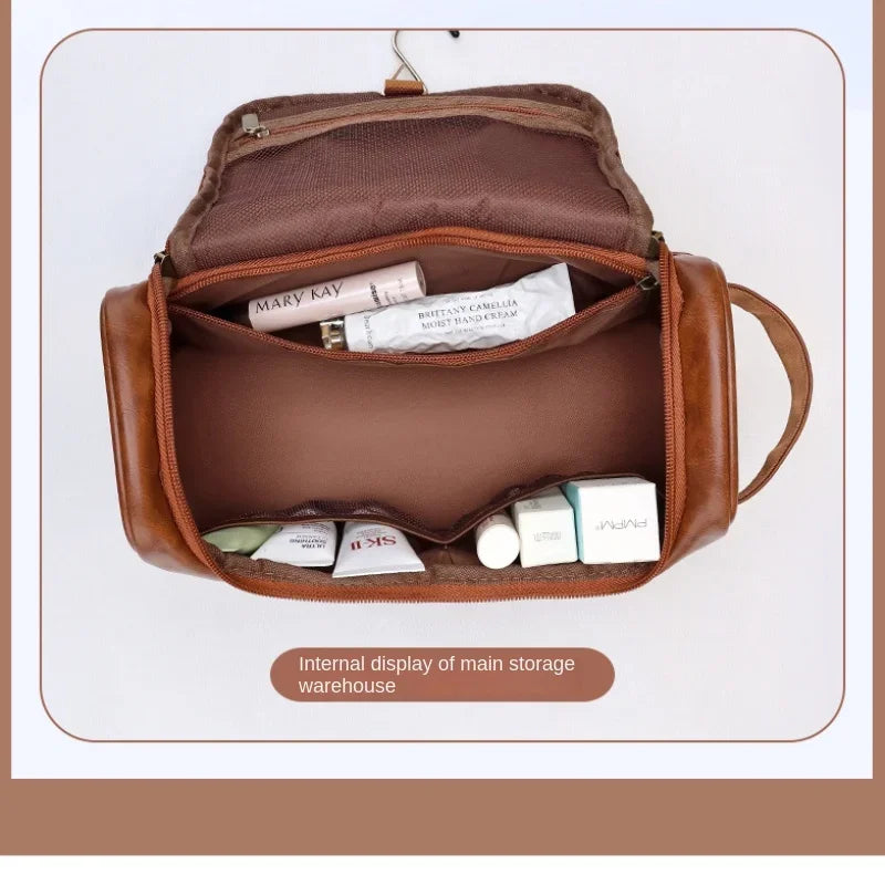 NoviaGlow Hanging Travel Makeup Bag – Large Capacity PU Leather Double-Layer Wash Bag & Men’s Toiletry Organizer