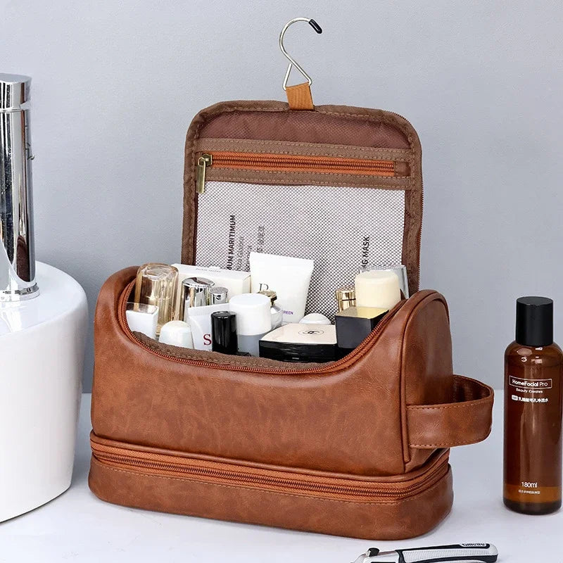 NoviaGlow Hanging Travel Makeup Bag – Large Capacity PU Leather Double-Layer Wash Bag & Men’s Toiletry Organizer