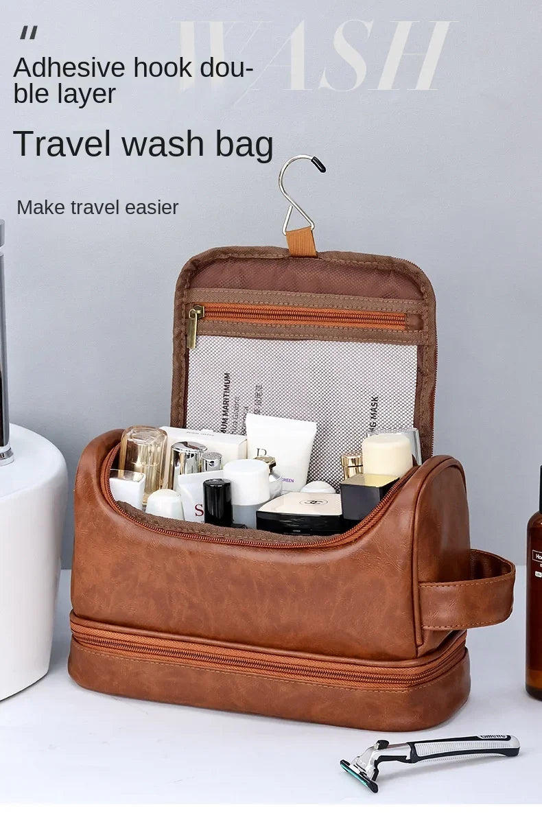 NoviaGlow Hanging Travel Makeup Bag – Large Capacity PU Leather Double-Layer Wash Bag & Men’s Toiletry Organizer