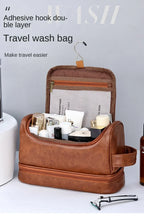 NoviaGlow Hanging Travel Makeup Bag – Large Capacity PU Leather Double-Layer Wash Bag & Men’s Toiletry Organizer