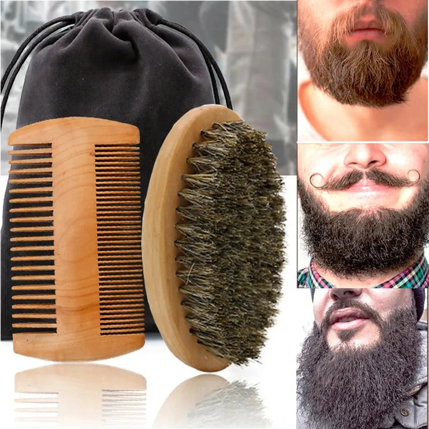 NoviaGlow Beard Grooming Kit – Boar Bristle Brush, Comb & Scissors with Gift Bag