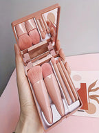 NoviaGlow 5-Piece Portable Makeup Brush Set with Mirror – Foldable Mini Travel Makeup Brush Kit for Daily & On-the-Go Use