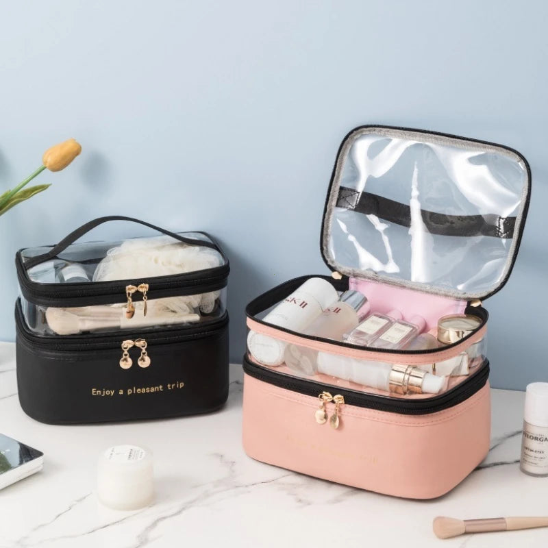NoviaGlow Double-Layer Transparent Makeup Bag – Waterproof Travel Organizer