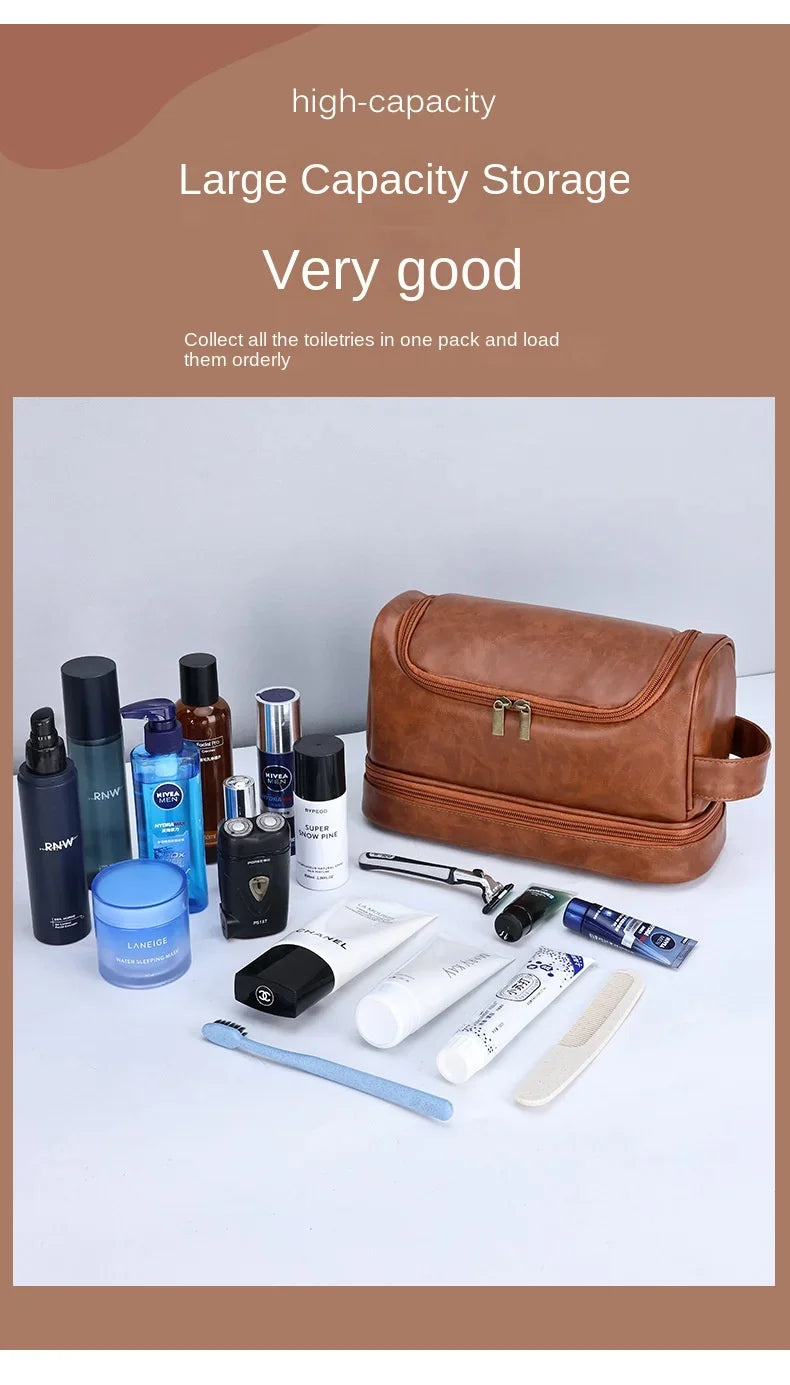 NoviaGlow Hanging Travel Makeup Bag – Large Capacity PU Leather Double-Layer Wash Bag & Men’s Toiletry Organizer