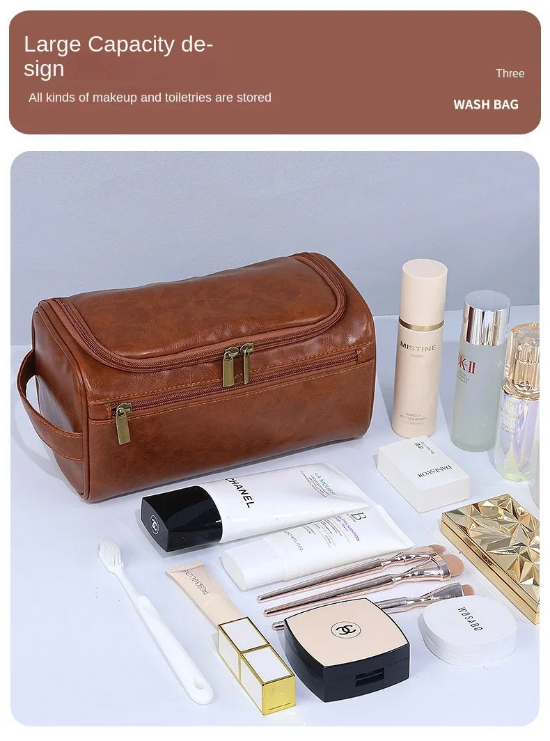 NoviaGlow Hanging Travel Makeup Bag – Large Capacity PU Leather Double-Layer Wash Bag & Men’s Toiletry Organizer