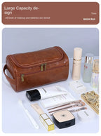 NoviaGlow Hanging Travel Makeup Bag – Large Capacity PU Leather Double-Layer Wash Bag & Men’s Toiletry Organizer