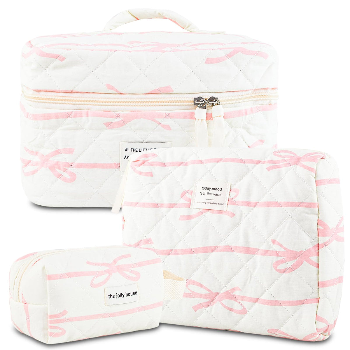 Makeup Bag 3PC Quilted Makeup Bag Set Cotton Aesthetic Travel Large Cute Cosmetic Toiletry Bag for Women Girls