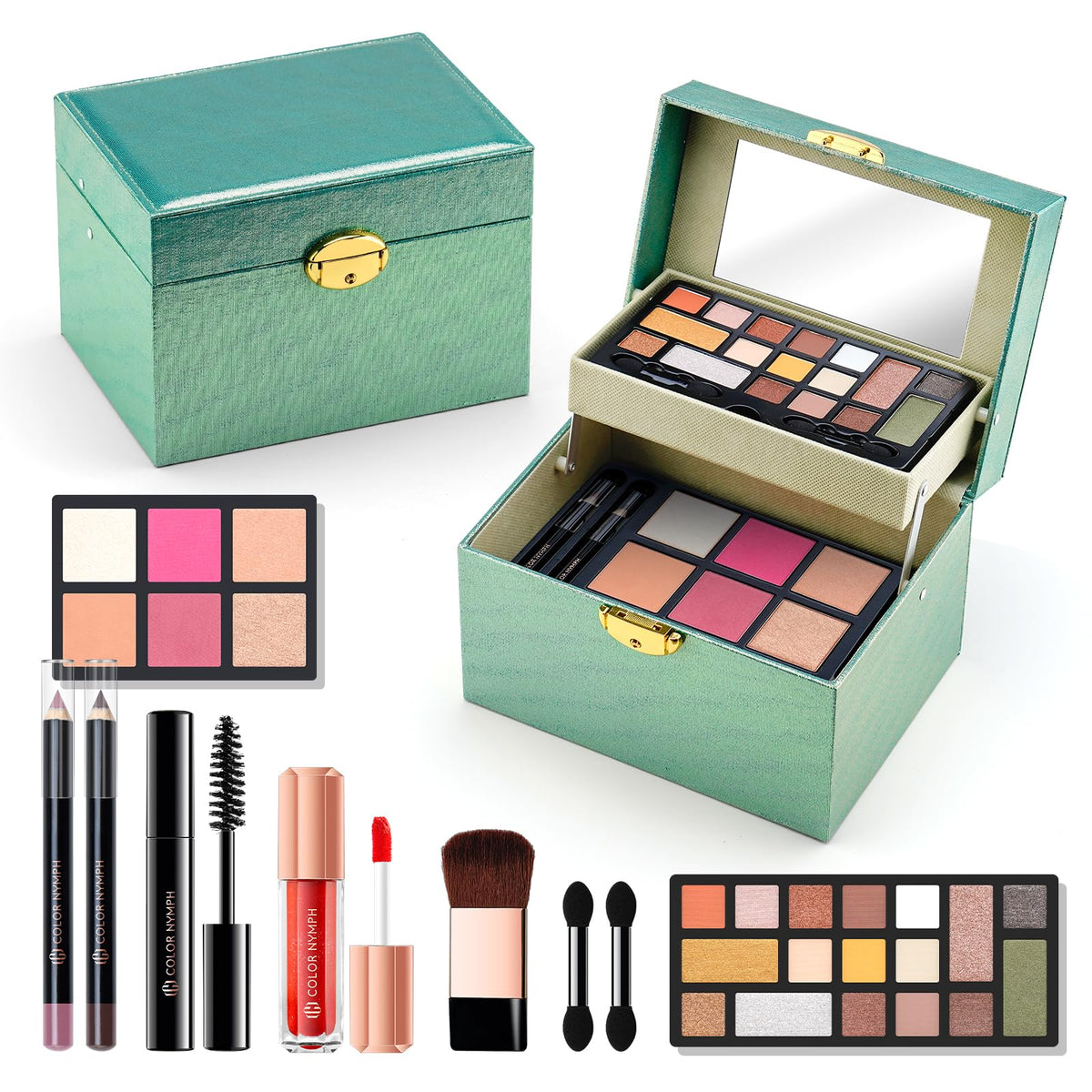 Color Nymph Beginner Makeup Kit For Teens Girls Makeup kits With Recyclable And Key-Lockable Cabinet Included 17-Colors Eyeshadows Blushes Bronzer Highlighter Lipstick Brushes Mirror(Green)